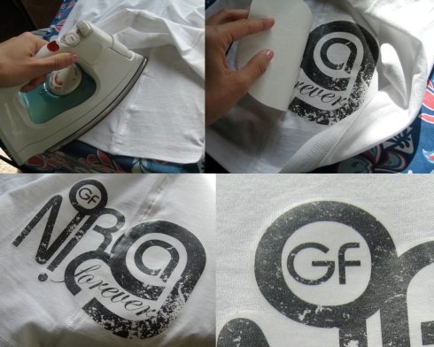 Repurpose a "t" {clockwise from upper left} : Ironing the t-shirt to ensure a flat surface, peeling back the design, close-up of "GF" detail, the full design