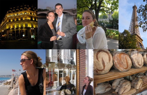 An American in Paris (clockwise from upper left) : Our home in Paris, dinner on the Seine, caught eating a baguette on the Ile de la Cite, la Tour Eiffel, Poilane's famous loaves, salivating over the window at Poilane, gazing at the Med in Nice.